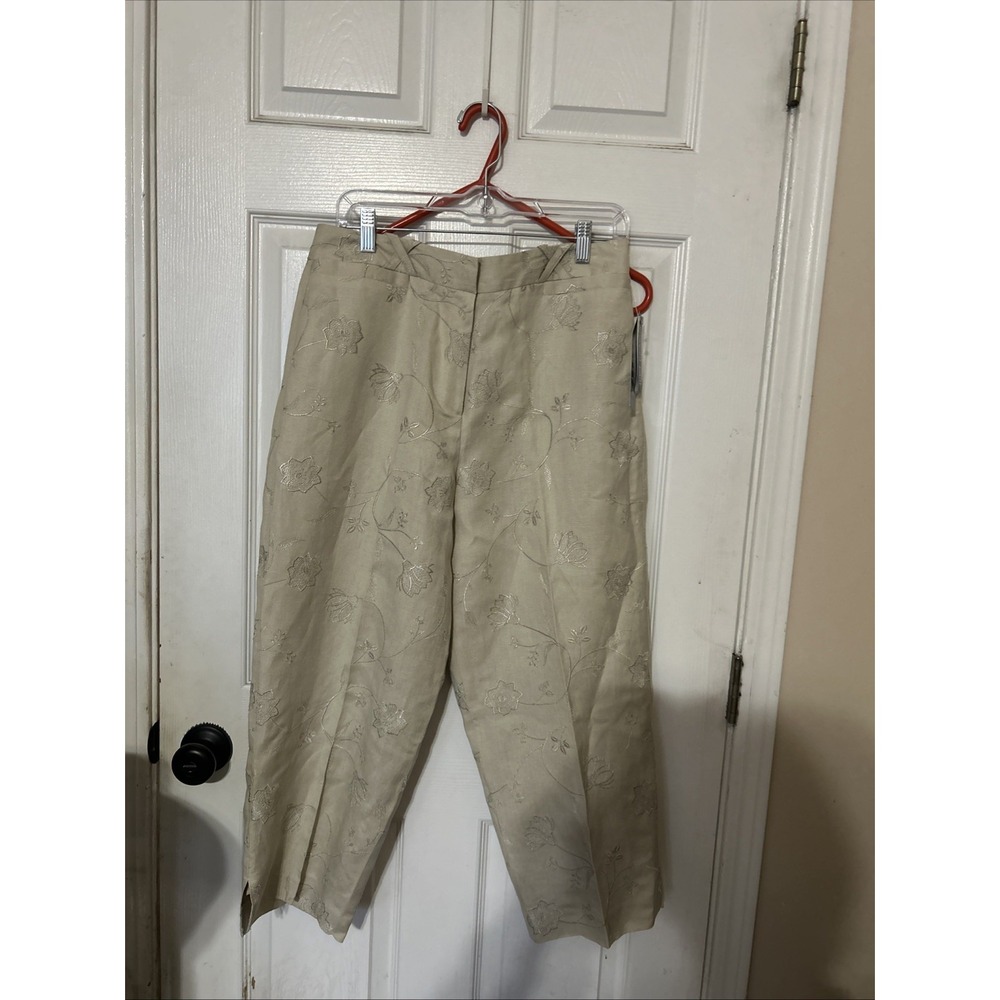 Larry Levine Embroidered Size 12 Embroidered Floral Linen‎ Blend Cropped Pants